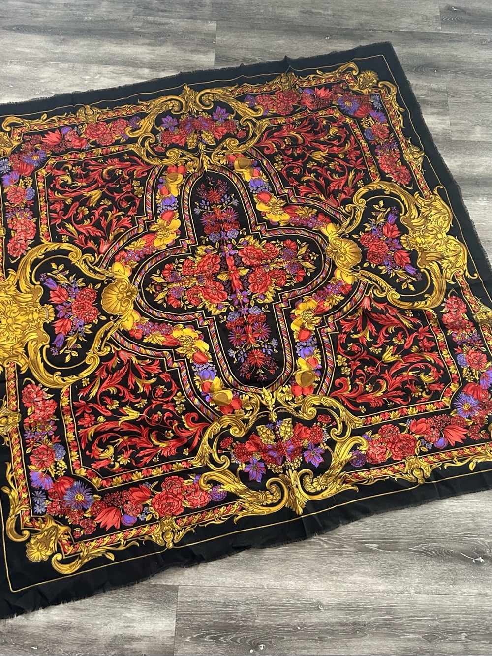 Decorative Black Floral Medallion fringed challis scarf Elegant Baroque Accent